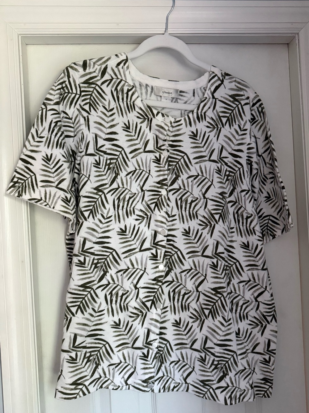 CJ Banks White Top Button Down with Green Leaf Pattern